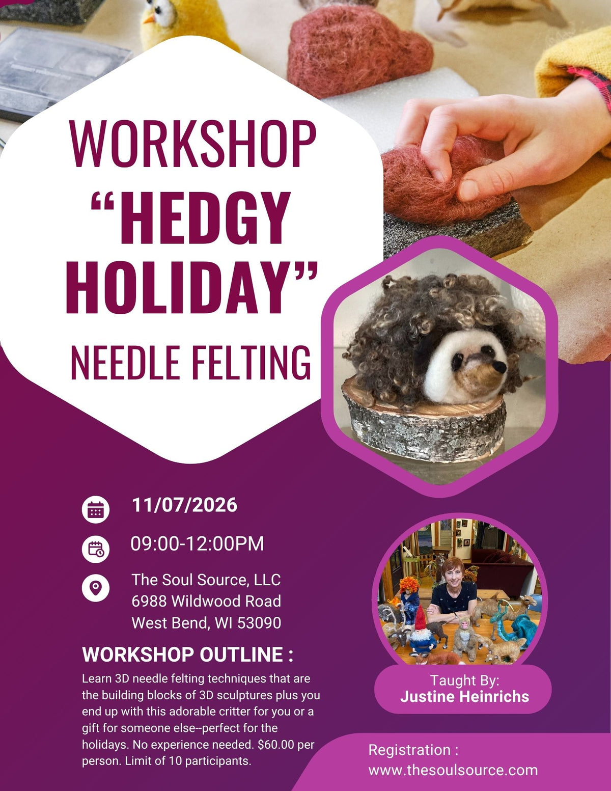 Saturday, November 7th / Hedgy Holidays Felting Workshop with Justine Heinrichs